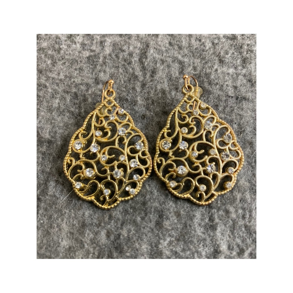 Gold Tone Filigree Teardrop Rhinestone Dangle Earrings Moroccan Scroll Design